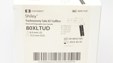Covidien 80XLTUD Shiley Tracheostomy Tube XLT Cuffless 8.0mm ID 13.3mm OD (x)